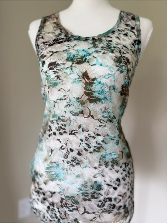 Almost Famous Tops - Vintage Y2K Almost Famous Floral Lace Tank sheer Top Teal Brown floral cheetah